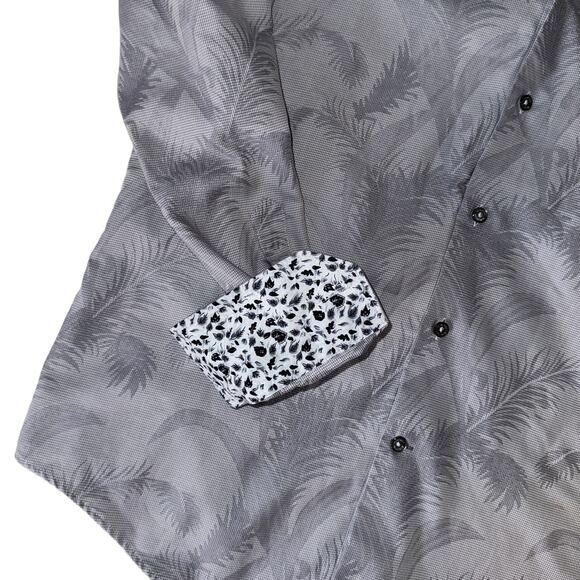 Bugatchi Uomo Gray Palm Tree Leaves Flip Cuff Button Up Long Sleeve Shirt Size M - Picture 6 of 13